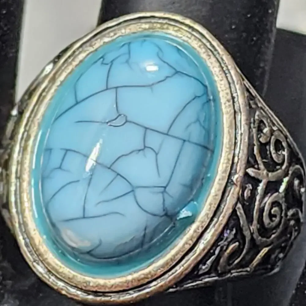 Mens Sz 8 Signet Ring Faux Simulated Turquoise Stainless Steel Ornate Scrollwork